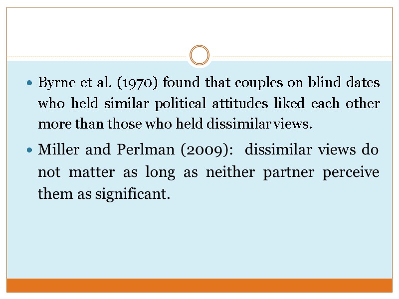 Byrne et al. (1970) found that couples on blind dates who held similar political